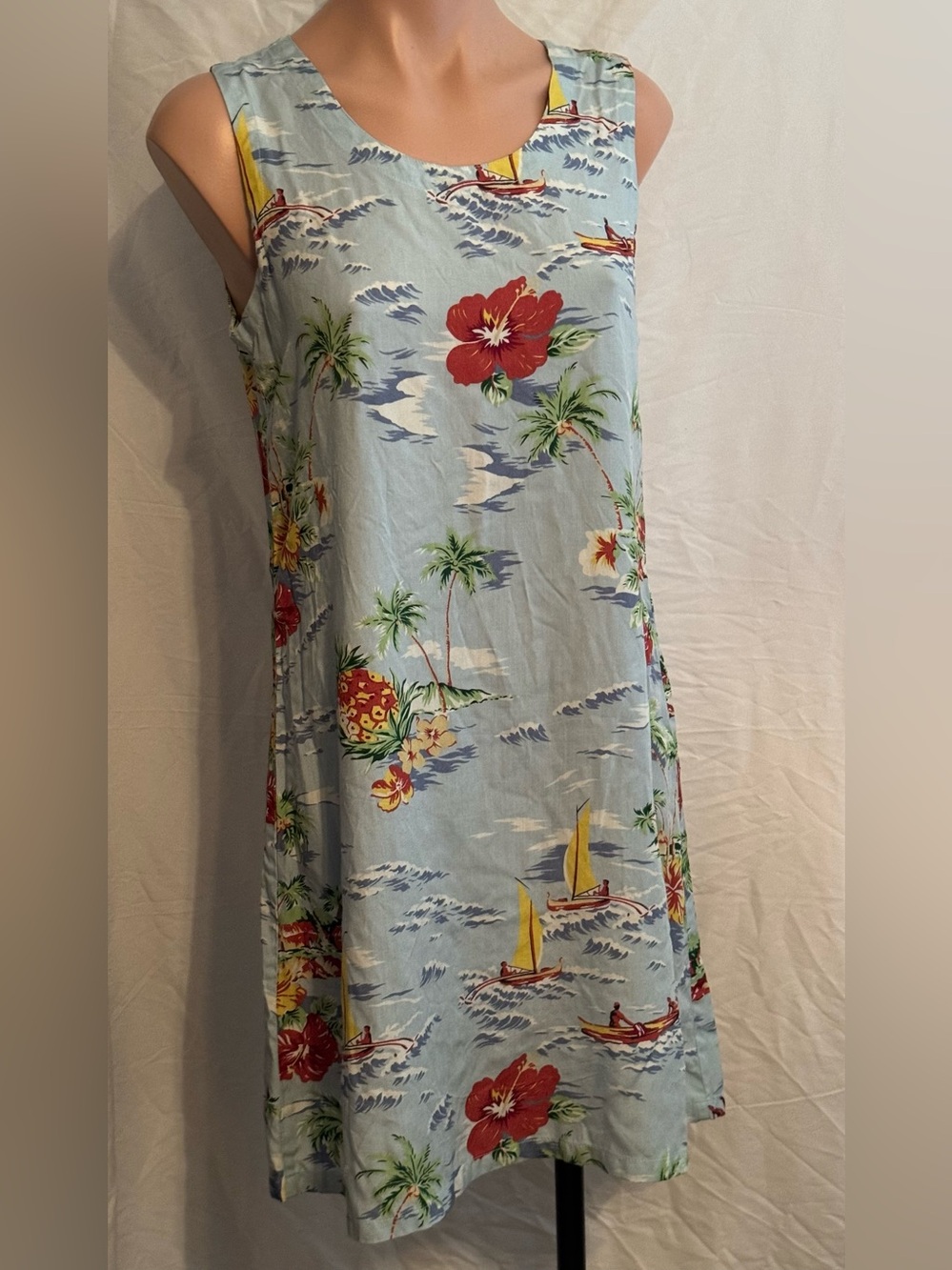 Cute Light Blue Tropical Print Sleeveless Dress